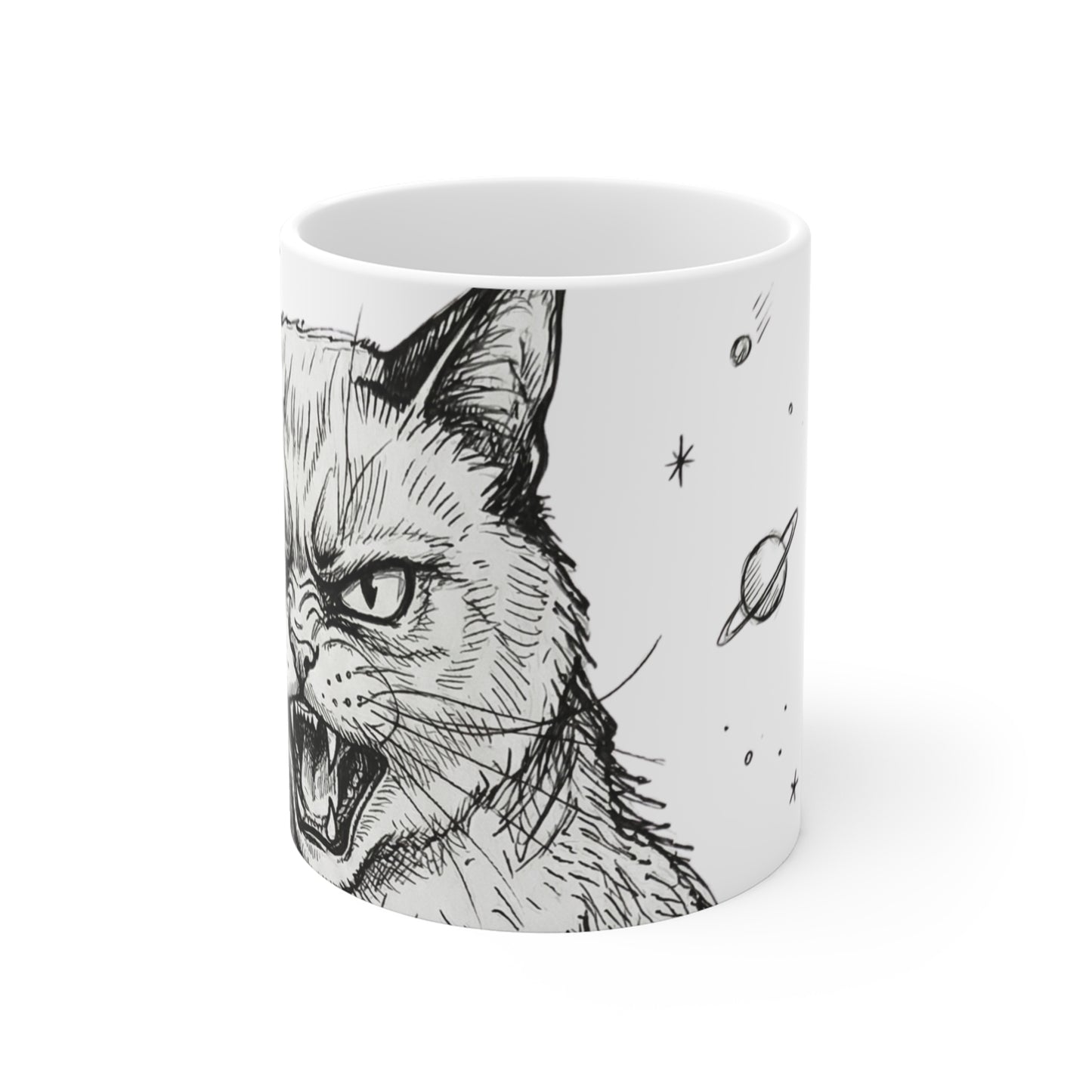 AlienCat In Space! - Big - 11oz Mug Left Handle — Black & White Illustration for Cat Lovers Space Alien Enthusiasts