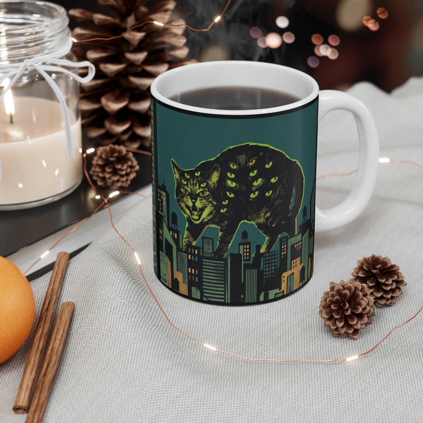 CityCat - Green Collage Poster - 11oz Mug Ambi Handle — Vintage Noir Urban Kitty Design (Meowhaus Designs)