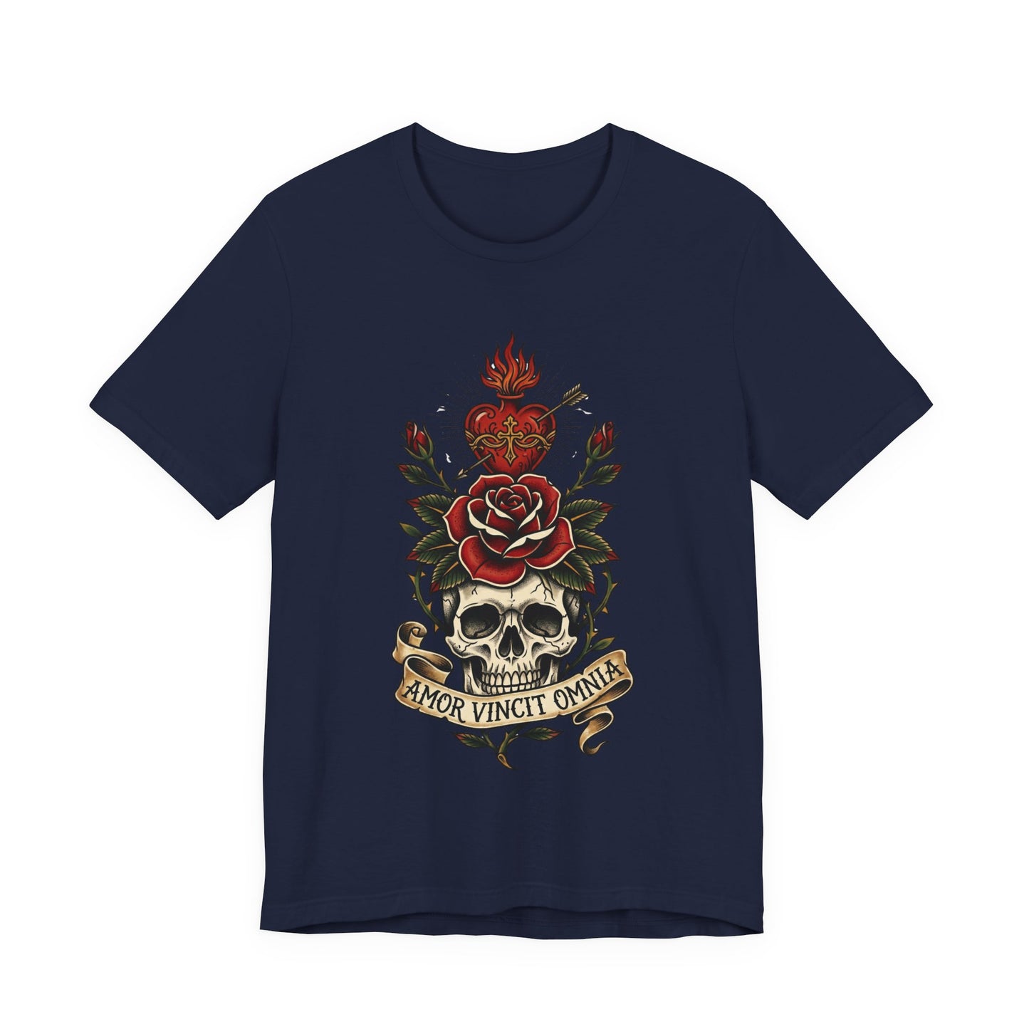 AVO - Tattoo T-Shirt — 'Amor Vincit Omnia' Skull & Rose Sacred Heart Tee
