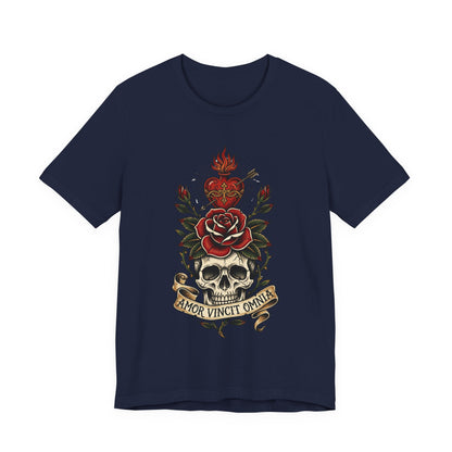 AVO - Tattoo T-Shirt — 'Amor Vincit Omnia' Skull & Rose Sacred Heart Tee