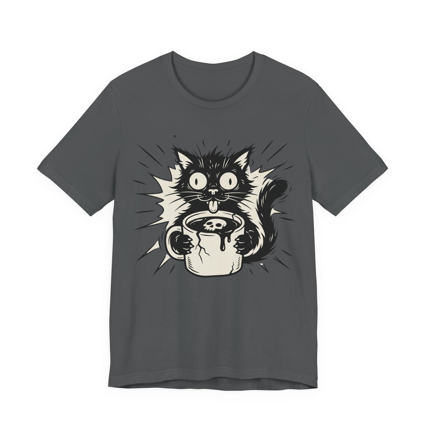 VOID - Cat & Coffee Tee — Cute Crazy Cat Holding Mug Graphic T-Shirt
