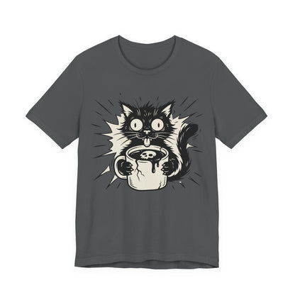 VOID - Cat & Coffee Tee — Cute Crazy Cat Holding Mug Graphic T-Shirt