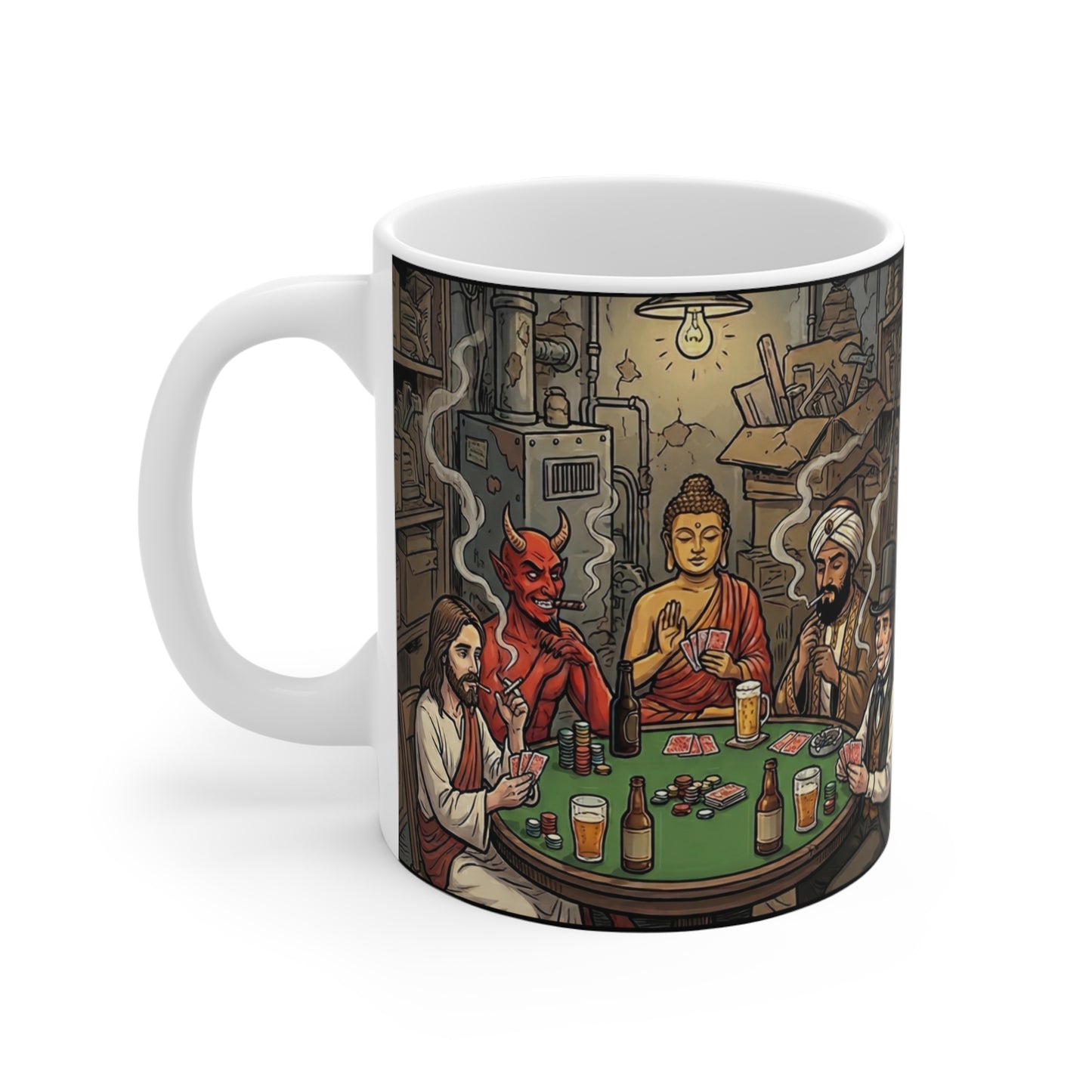 Playing For Keeps - 11oz Mug Ambi Handle — Buddha, Jesus & Devil Poker Night Illustrated Ceramic Coffee Cup - Religious Humor