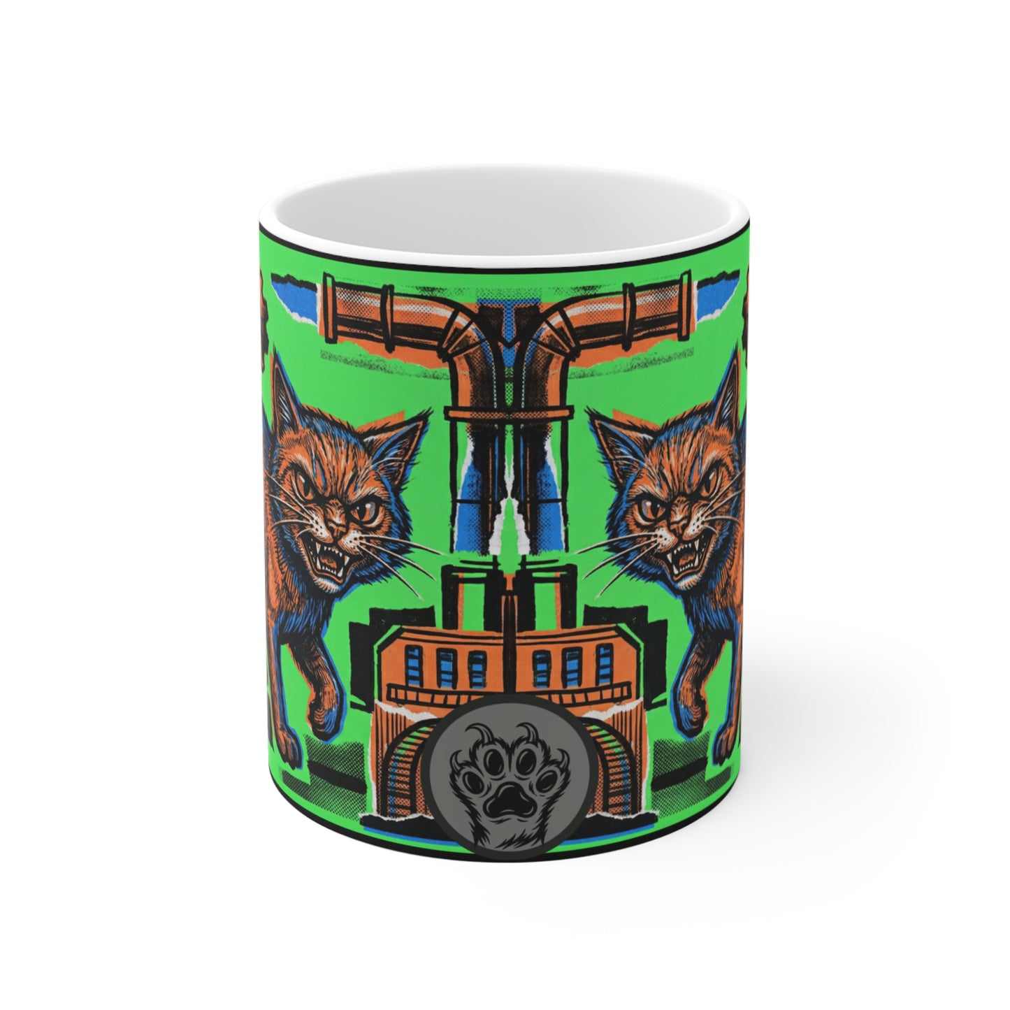 IndustrialCat - Green Collage Poster - 11oz Mug Ambi Handle - Industrial Steampunk Cat Mug – Orange Tabby, Gears & Pipes 11oz