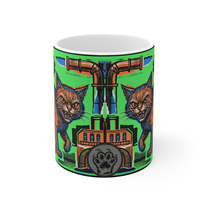 IndustrialCat - Green Collage Poster - 11oz Mug Ambi Handle - Industrial Steampunk Cat Mug – Orange Tabby, Gears & Pipes 11oz