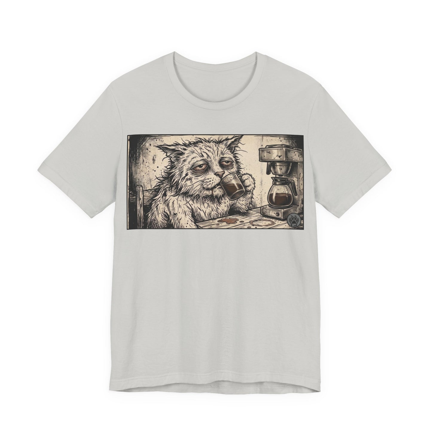 Scraps "GFM" Horizontal - Cat Drinking Coffee T‑Shirt — Vintage Sketch Tired Depressed Cat Drinking Coffee Graphic Tee