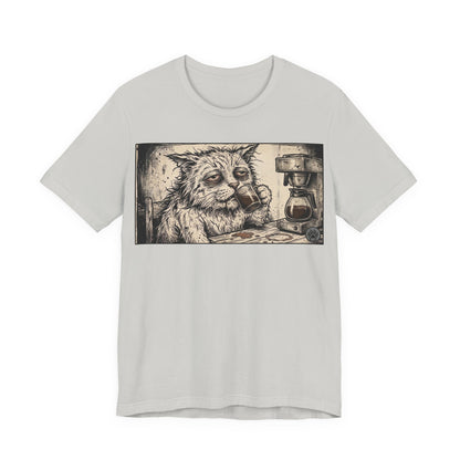 Scraps "GFM" Horizontal - Cat Drinking Coffee T‑Shirt — Vintage Sketch Tired Depressed Cat Drinking Coffee Graphic Tee