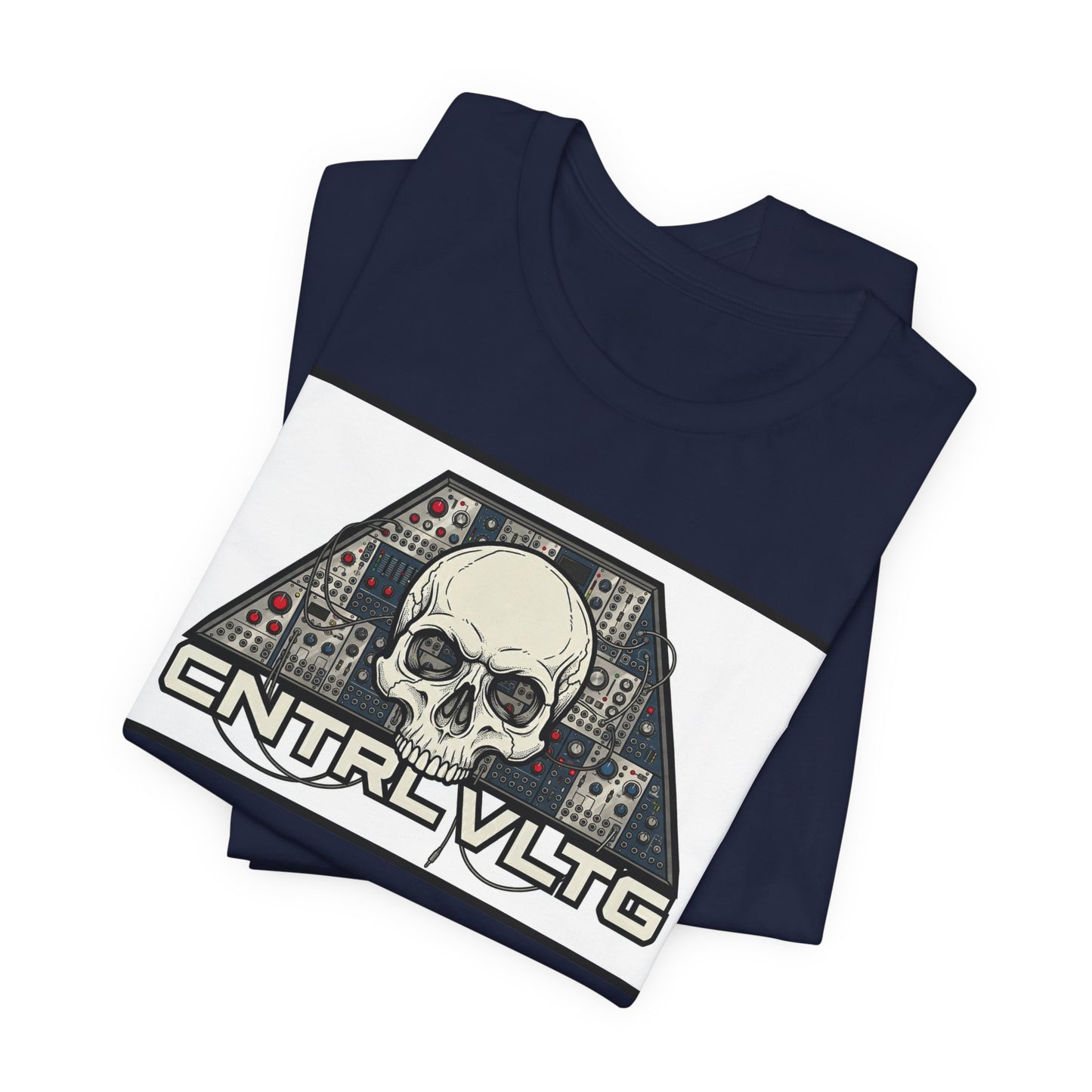 CV Control Voltage = TriBase White - Modular Synth Skull Analog Circuit Tee — “CNTRL VLTG” Retro Tech Graphic T-Shirt