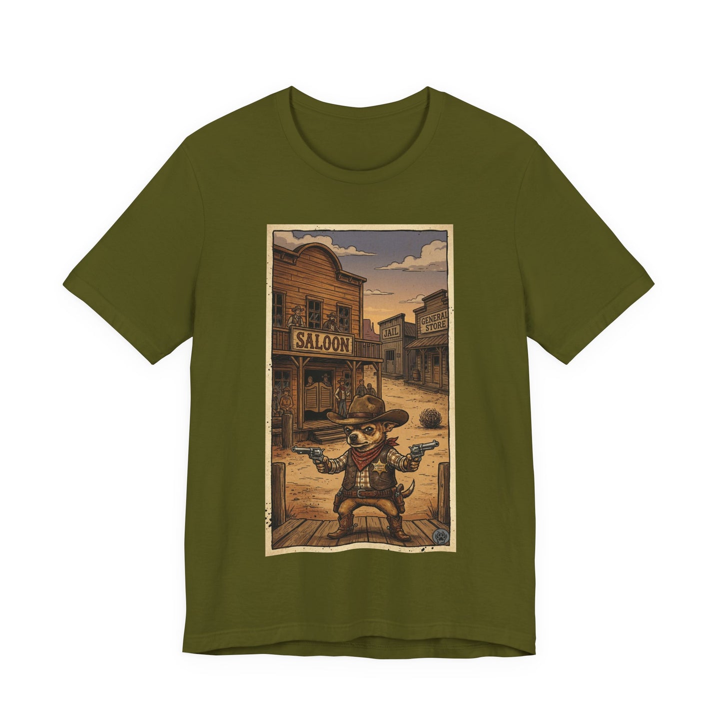 SheriffPaco - Vertical - Chihuahua Sheriff Western Saloon Showdown T-Shirt — Vintage Cowboy Sheriff Puppy Dog Graphic Tee
