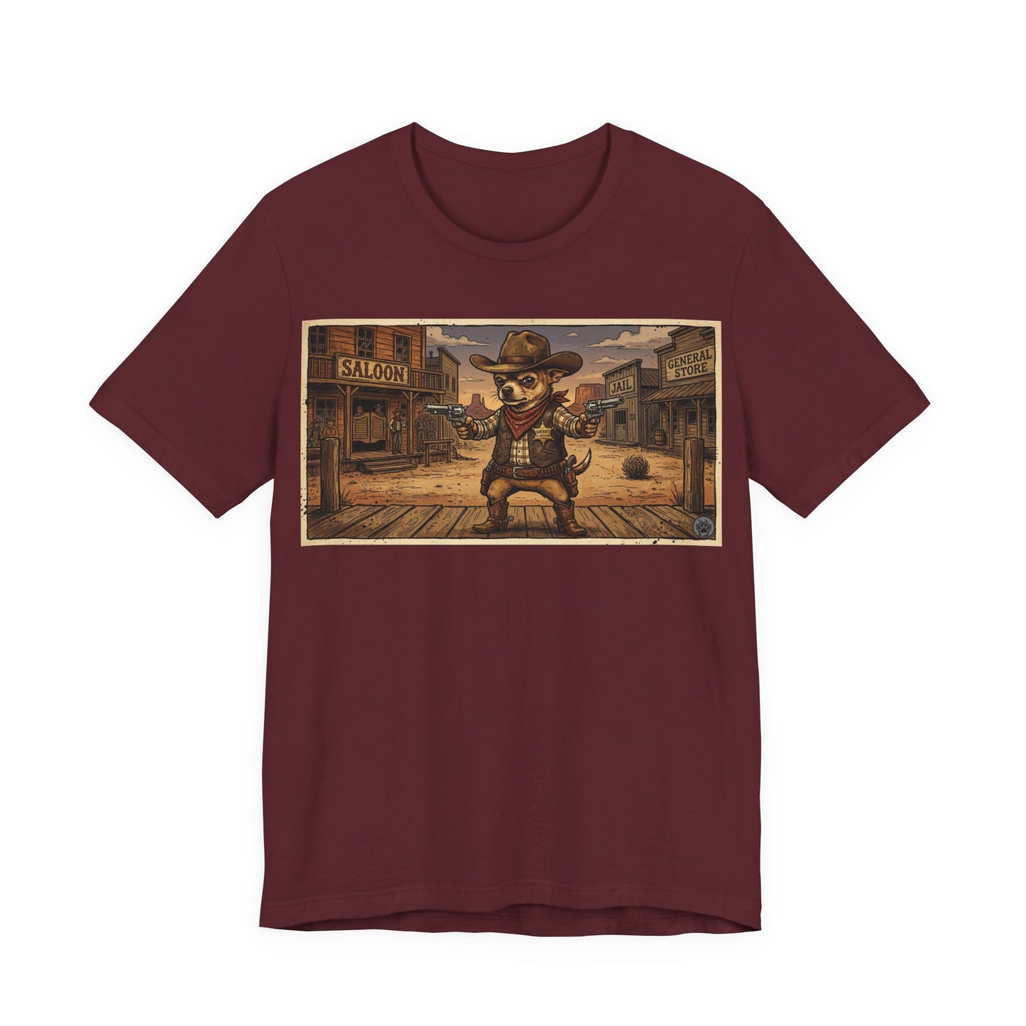 SheriffPaco - Horizontal - Western Cowboy Sheriff Chihuahua T-Shirt — Vintage Saloon Puppy Dog Graphic Tee