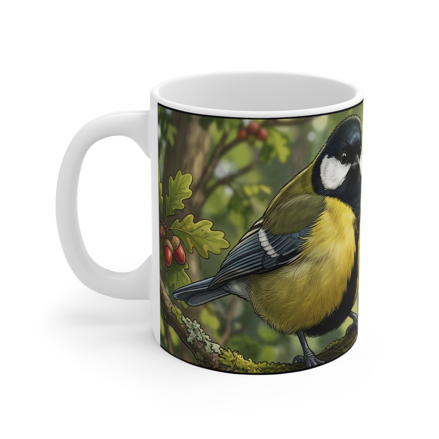 Great Big Tits Bird Mug - 11oz Ambi Handle — Birder Humor Wordplay 11oz Ceramic Coffee Cup with Woodland Songbird Illustration