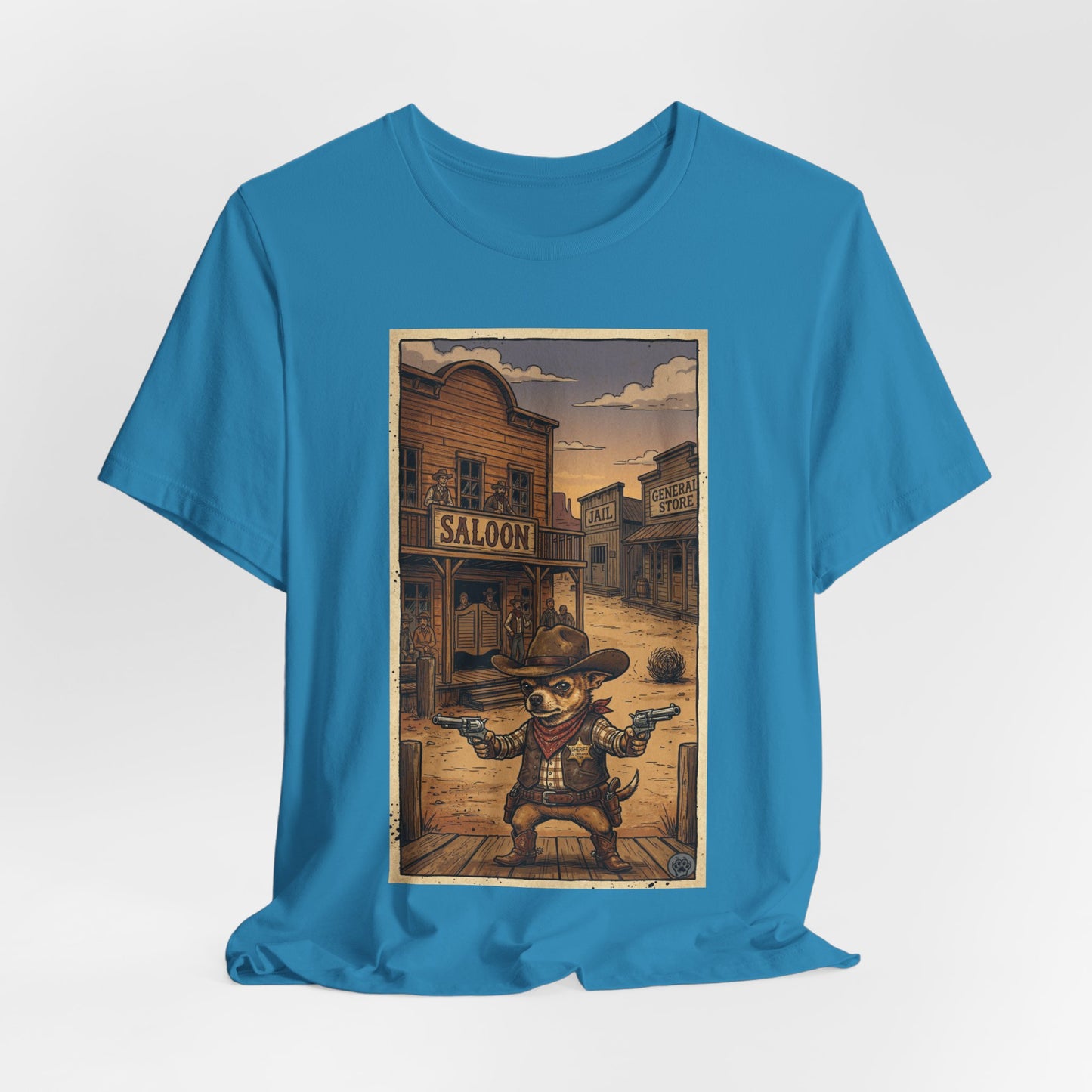 SheriffPaco - Vertical - Chihuahua Sheriff Western Saloon Showdown T-Shirt — Vintage Cowboy Sheriff Puppy Dog Graphic Tee