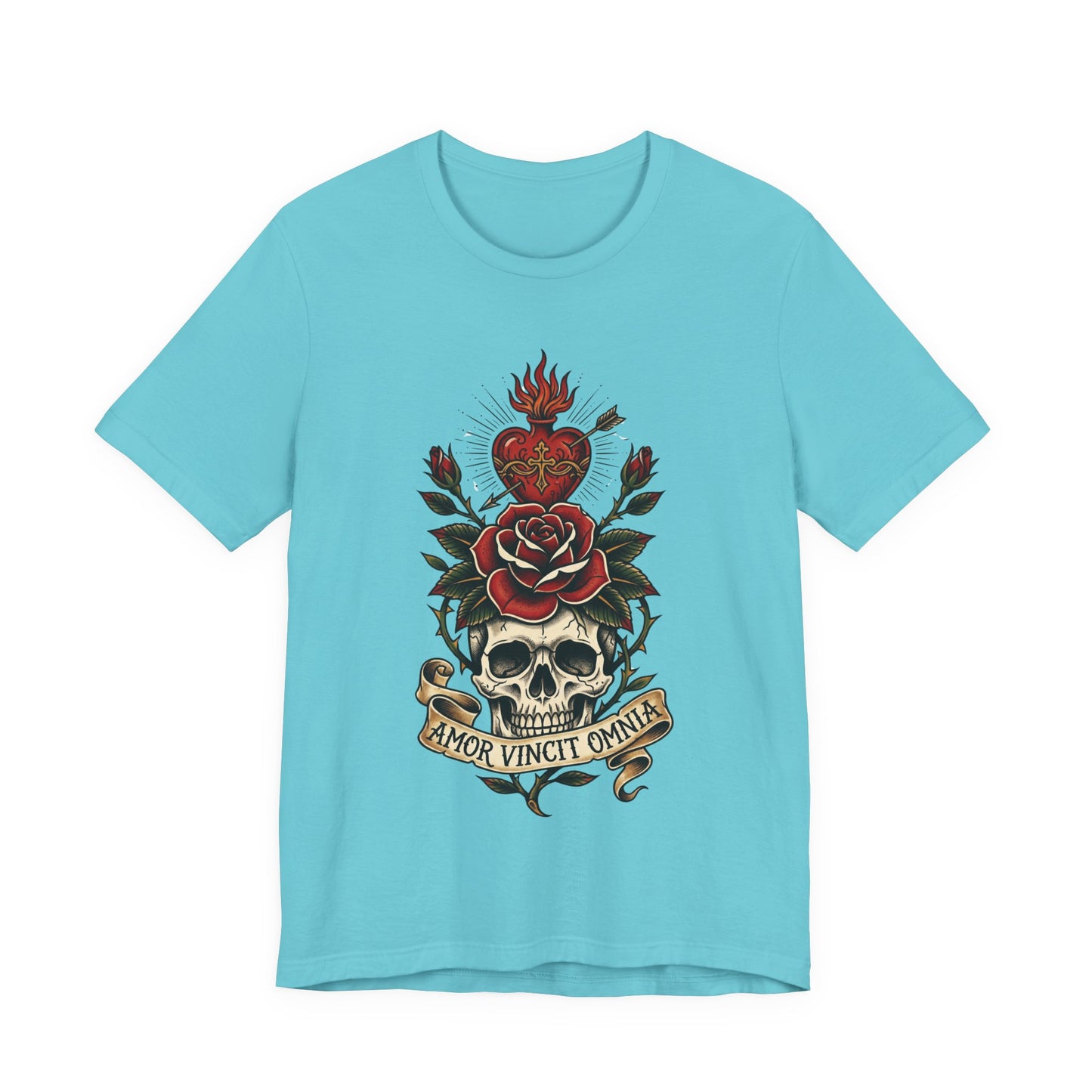 AVO - Tattoo T-Shirt — 'Amor Vincit Omnia' Skull & Rose Sacred Heart Tee