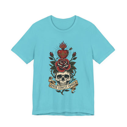 AVO - Tattoo T-Shirt — 'Amor Vincit Omnia' Skull & Rose Sacred Heart Tee