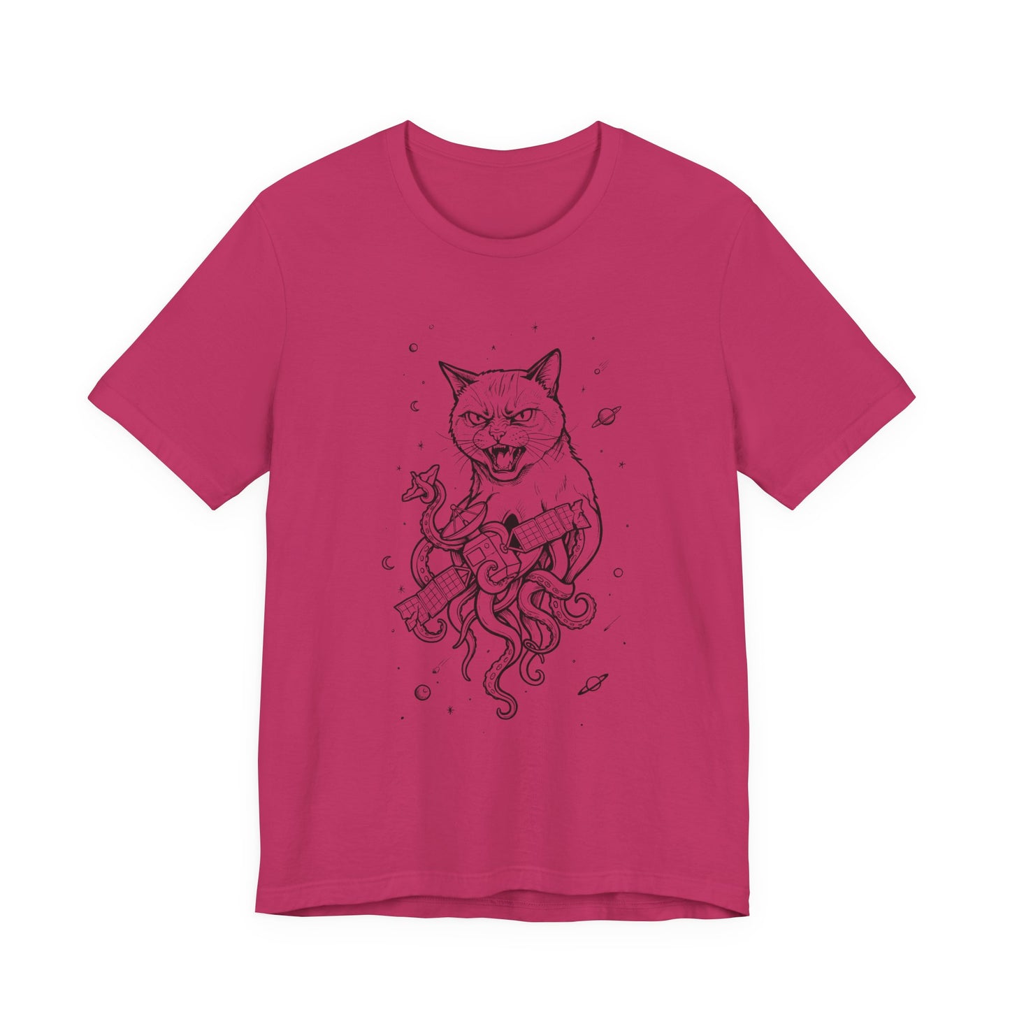 AlienCat In Space - Black Outline - Cat Kraken Illustration T-Shirt — Nautical Mythical Cat with Octopus Tentacles Tee