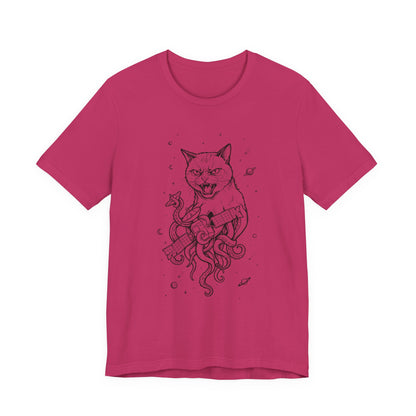 AlienCat In Space - Black Outline - Cat Kraken Illustration T-Shirt — Nautical Mythical Cat with Octopus Tentacles Tee