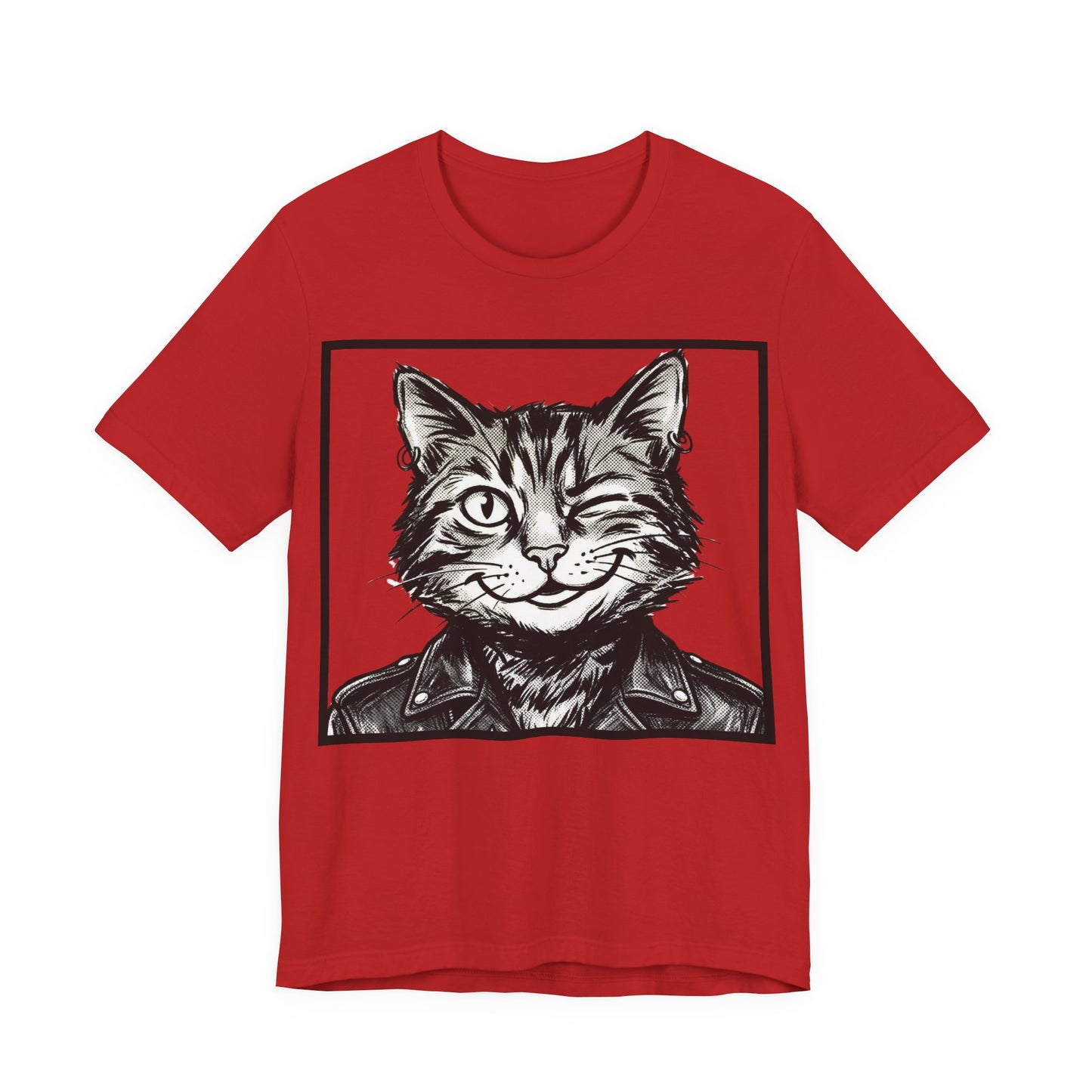WinkyCat - Leather Jacket (NO Gesture) - Winking Cat Portrait Tee – Retro Rocker Biker Cat Graphic T-Shirt