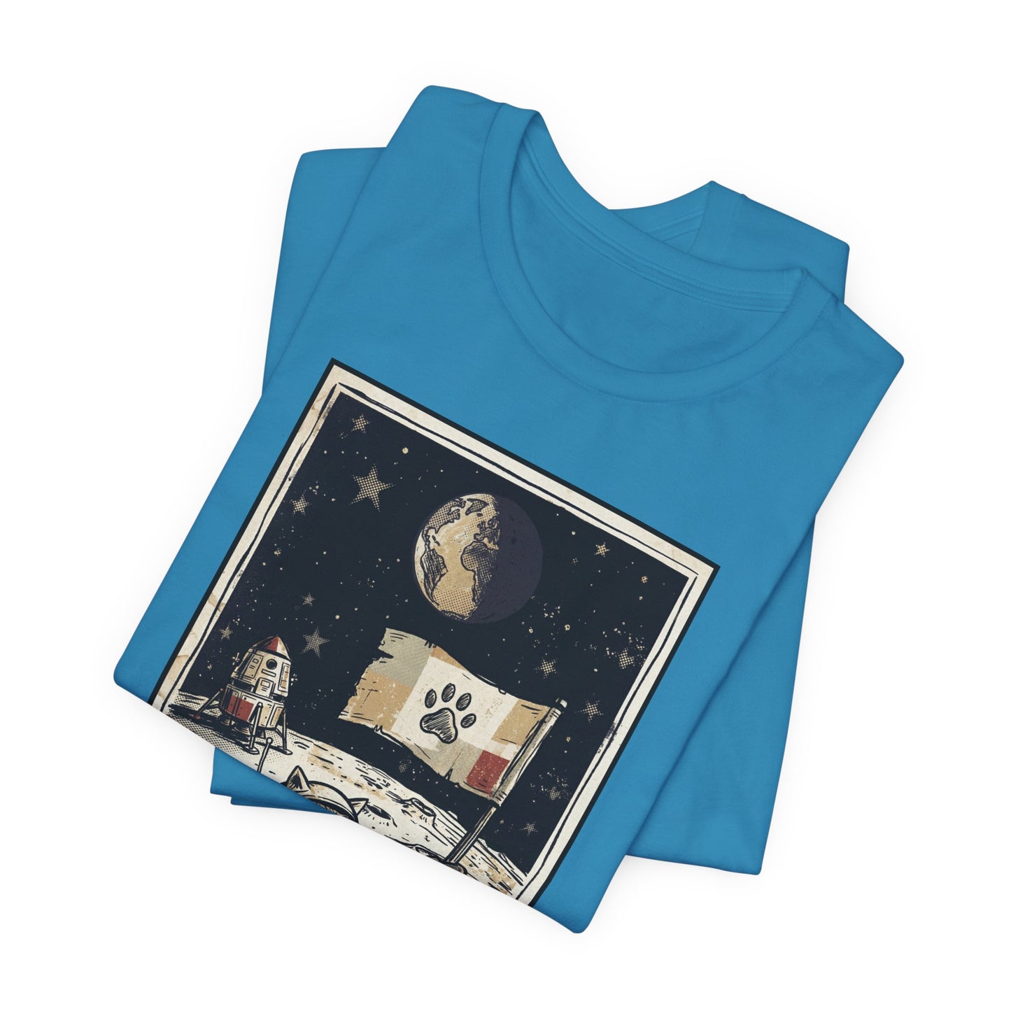 SpaceCat - Conquers The Moon! - Astronaut Cat Moon T-Shirt — Vintage Styled Space Kitty Flag Tee