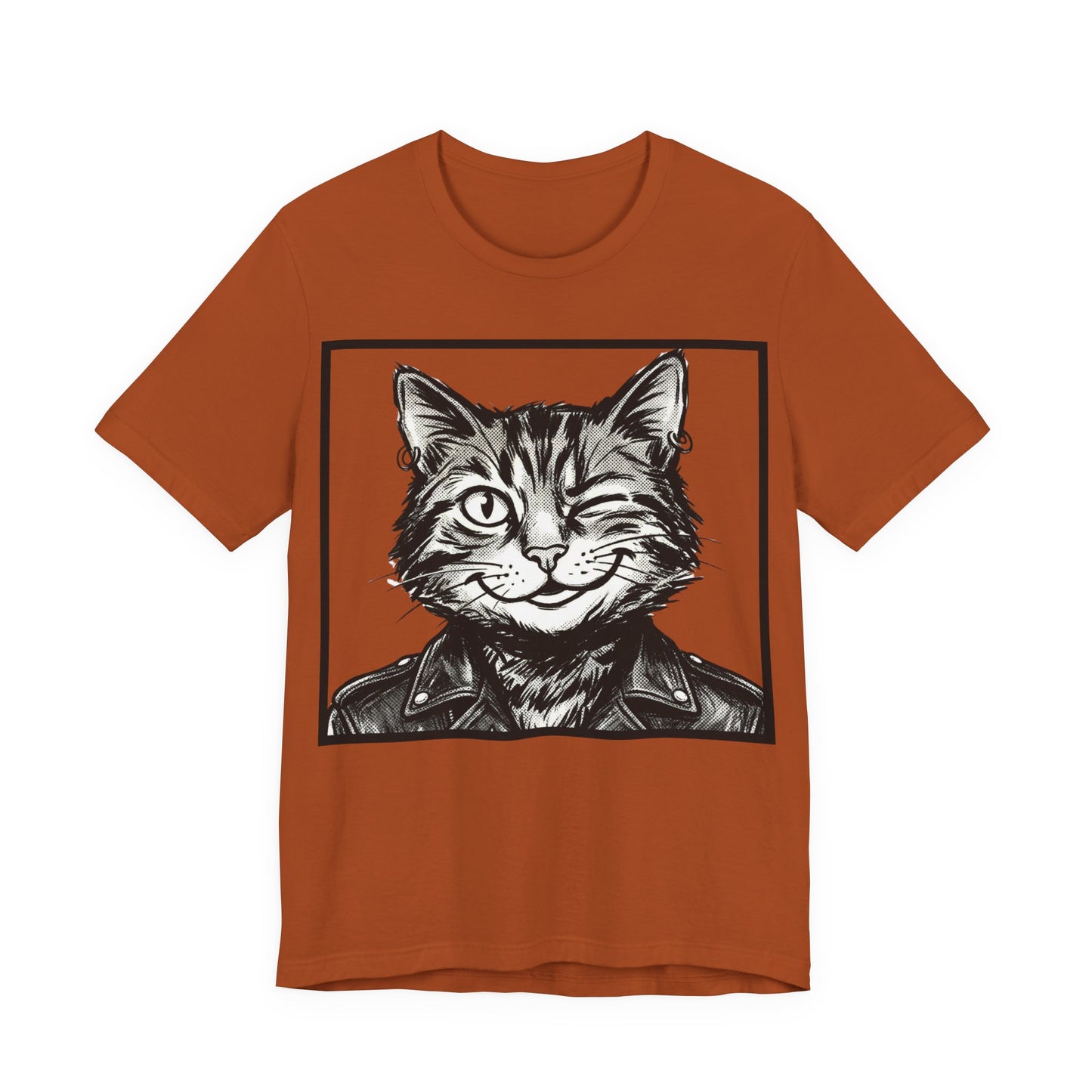 WinkyCat - Leather Jacket (NO Gesture) - Winking Cat Portrait Tee – Retro Rocker Biker Cat Graphic T-Shirt