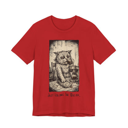 Scraps - Tired Cat Illustration Tee — "Just Living the Dream" Vintage Coffee Cat T-Shirt