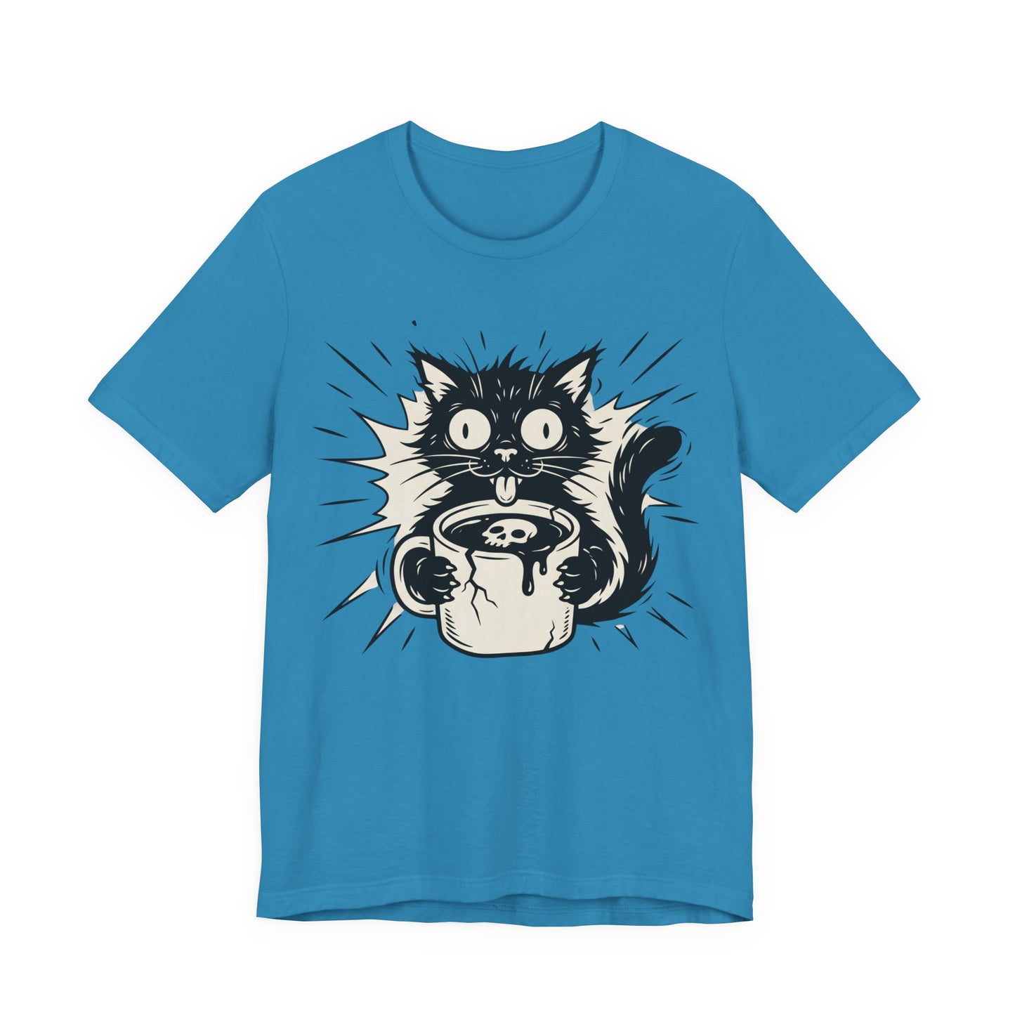 VOID - Cat & Coffee Tee — Cute Crazy Cat Holding Mug Graphic T-Shirt