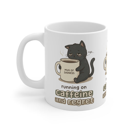 VOID - Running on Caffeine and Regret Mug — Cute Black Cat 'Mug of Sadness' 11oz Coffee Cup