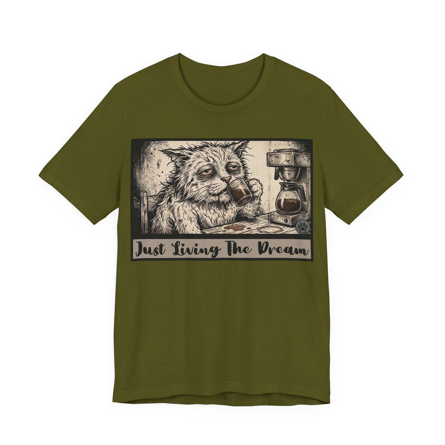 Scraps - Just Living The Dream - Tired Reluctant Morning Cat Tee — Vintage Cat Coffee T-Shirt