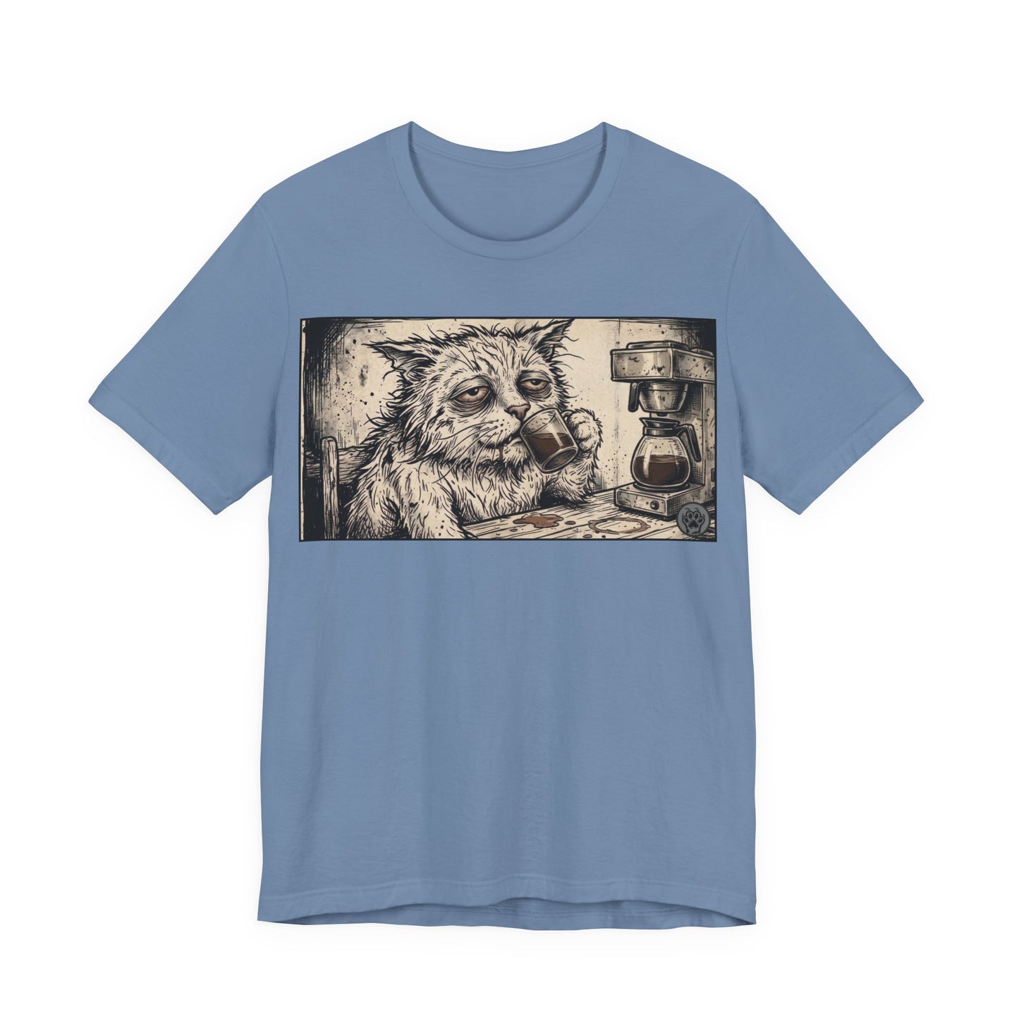 Scraps "GFM" Horizontal - Cat Drinking Coffee T‑Shirt — Vintage Sketch Tired Depressed Cat Drinking Coffee Graphic Tee
