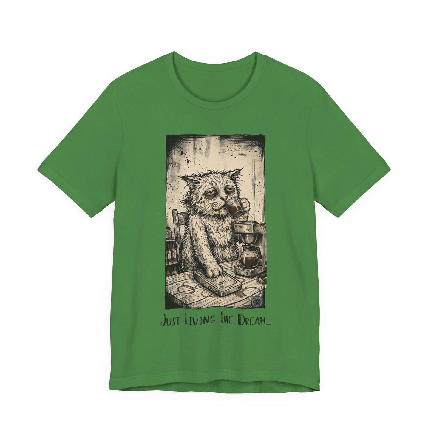 Scraps - Tired Cat Illustration Tee — "Just Living the Dream" Vintage Coffee Cat T-Shirt