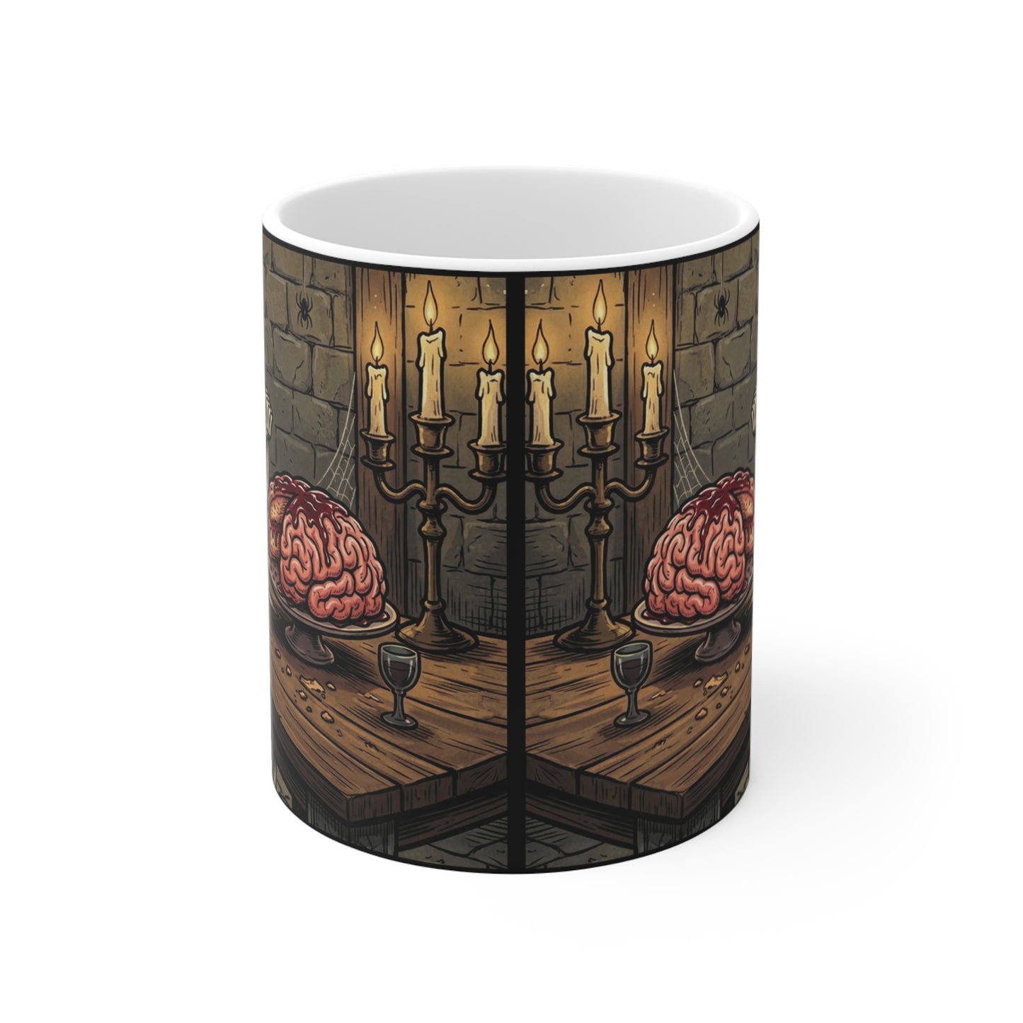 Sweet Treat - 11oz Mug Ambi Handle - Skeleton Feast Coffee Mug — Gothic Brain Dessert Treat, Halloween Humor