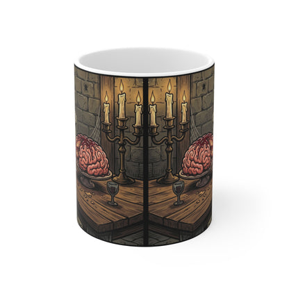 Sweet Treat - 11oz Mug Ambi Handle - Skeleton Feast Coffee Mug — Gothic Brain Dessert Treat, Halloween Humor
