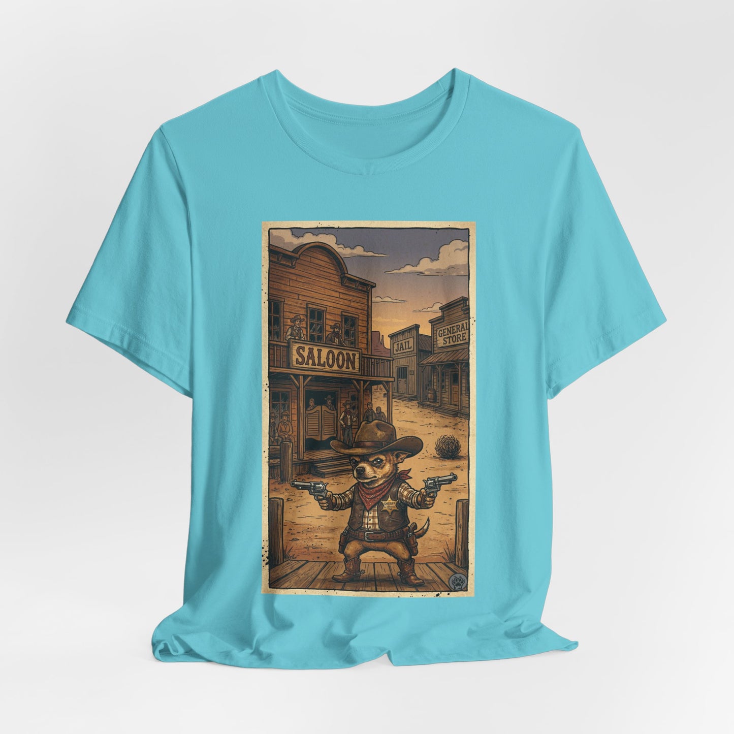SheriffPaco - Vertical - Chihuahua Sheriff Western Saloon Showdown T-Shirt — Vintage Cowboy Sheriff Puppy Dog Graphic Tee