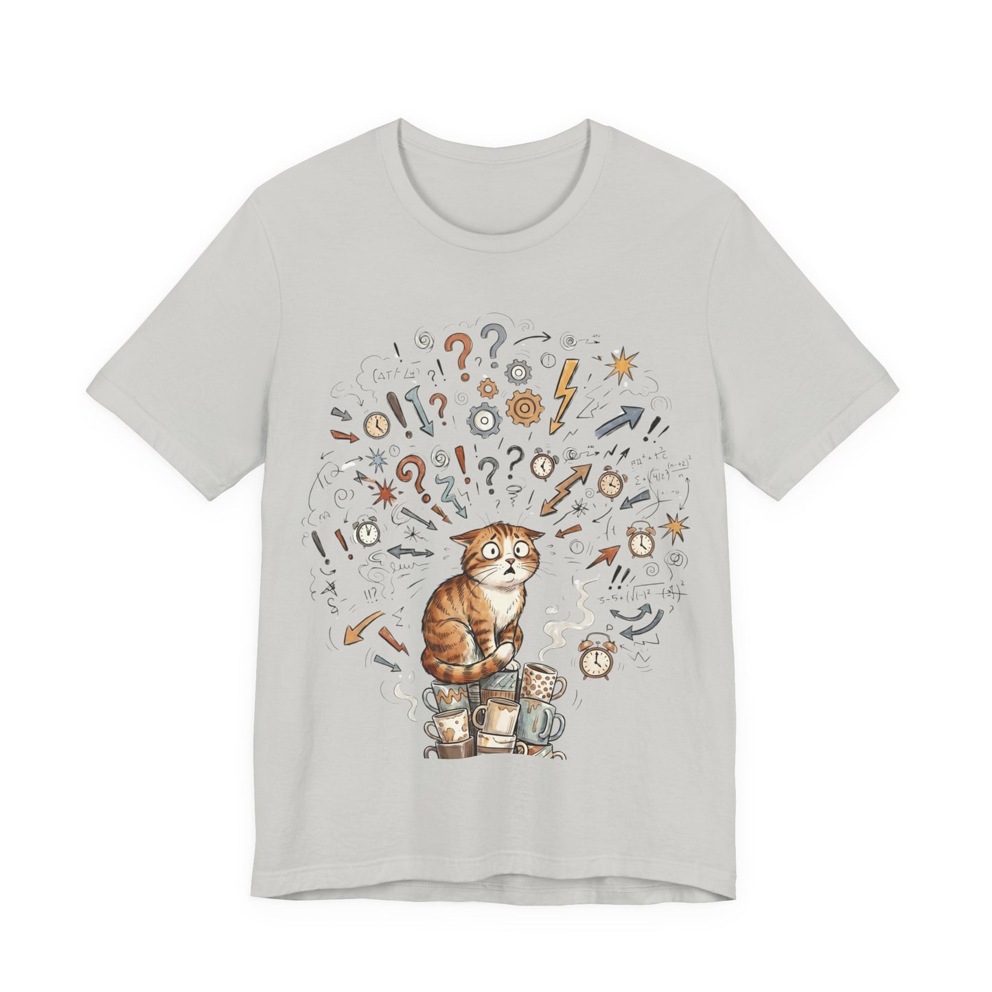 VOID - Overwhelmed! Coffee Cat Tee — Cute Cat with Question Marks Graphic T-Shirt