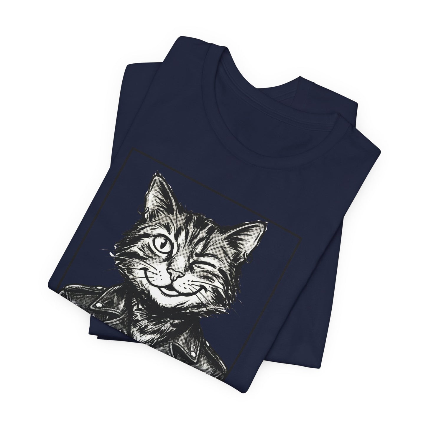 WinkyCat - Leather Jacket & Snarky Gesture - Cat Biker Tee — Grinning Cat in Leather Jacket Graphic T-Shirt