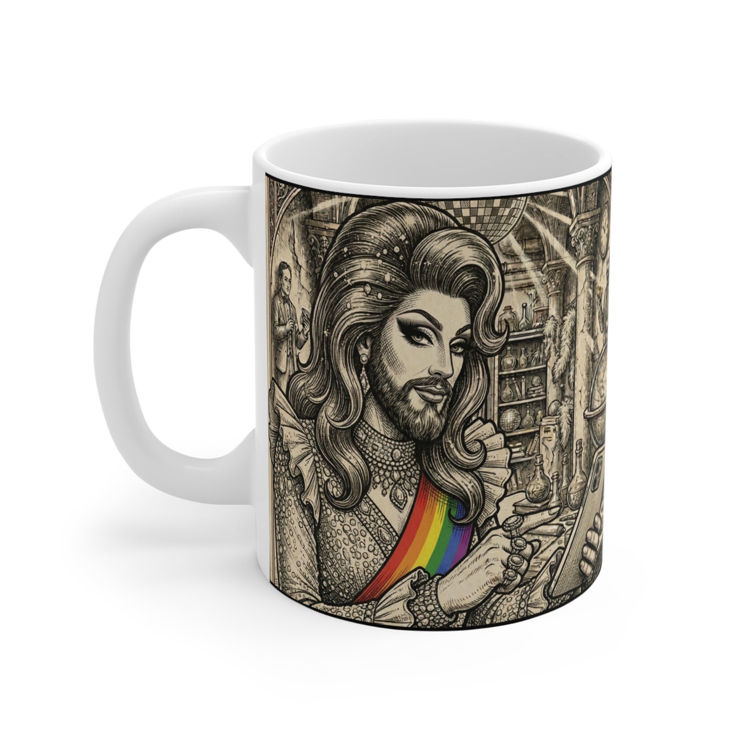 Drag Queen Jesus - Making The Call! - 11oz Mug Ambi Handle — Vintage-Style Drag Icon Mug with Rainbow Sash (11oz)