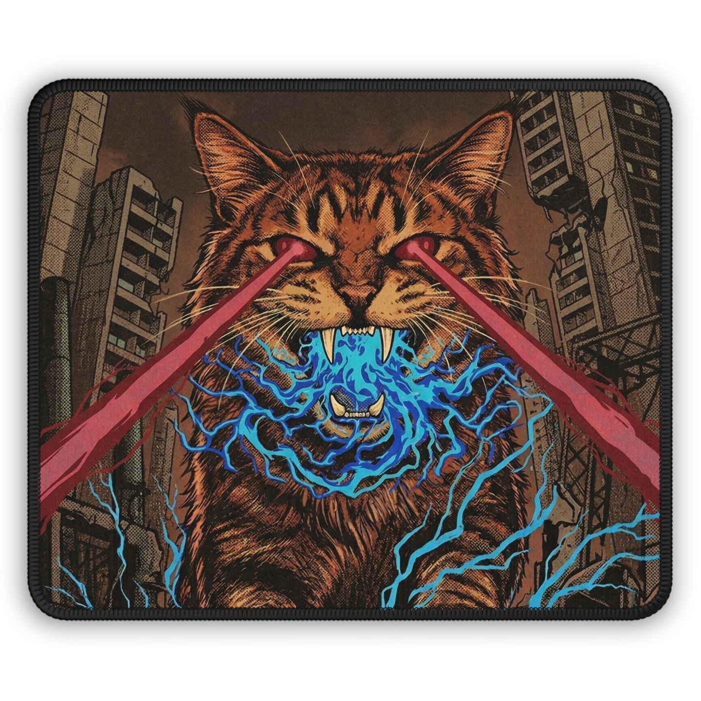 CityCat Attacks! - Red Lasers - Gaming Mouse Pad — Laser-Eyed Cat with Electric Energy