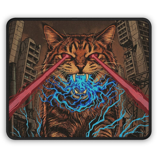 CityCat Attacks! - Red Lasers - Gaming Mouse Pad — Laser-Eyed Cat with Electric Energy