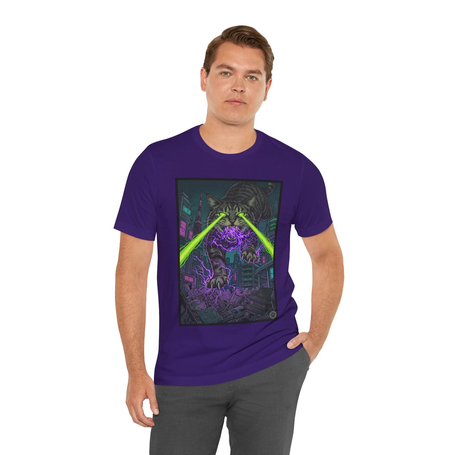 City Cat Attacks! - Multicolored Magic T‑Shirt — Neon Sci‑Fi Alley Graphic Tee