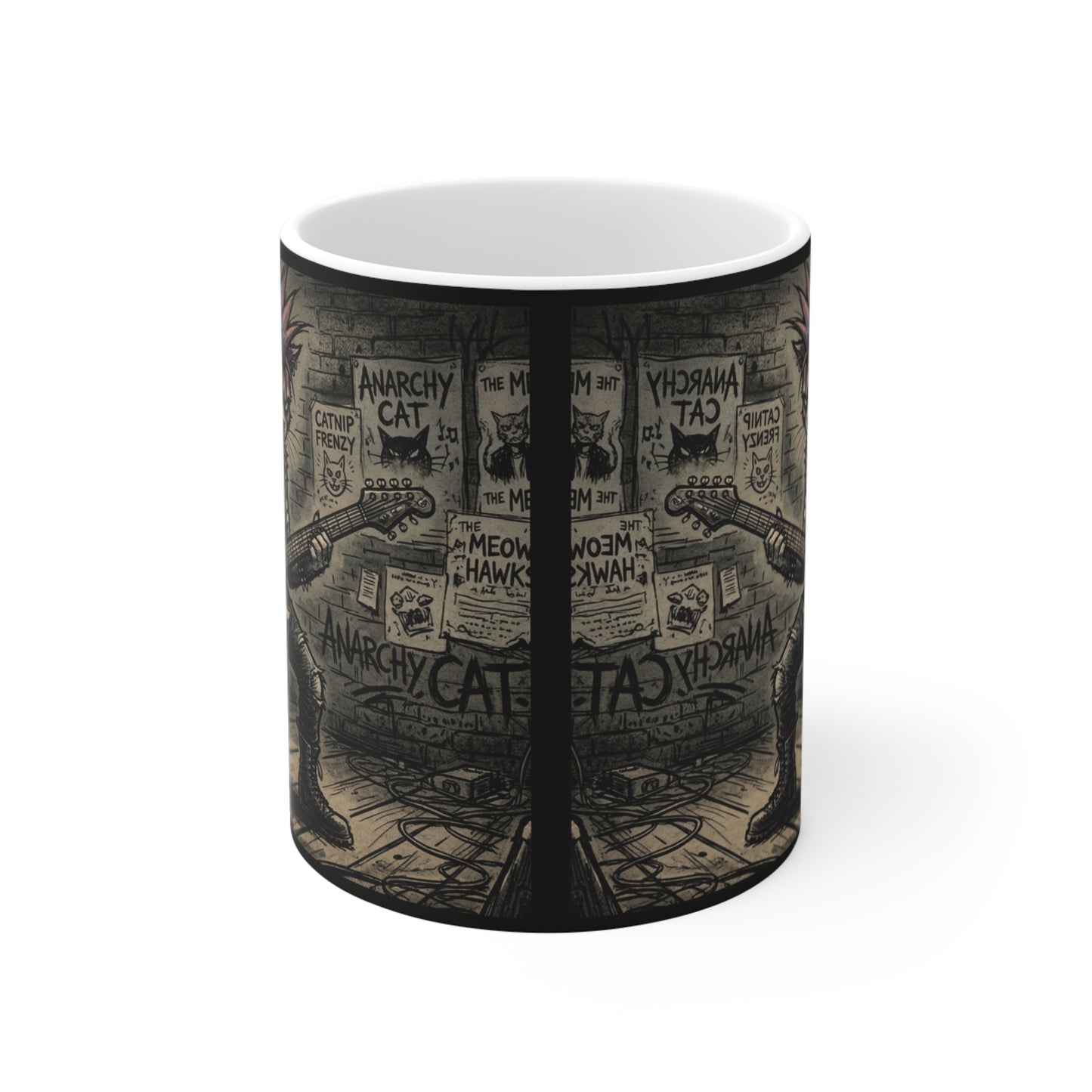 PunkCat - At The Club - 11oz Mug Ambi Handle - Punk Rock Cat Mug — 11oz Guitarist Cat Illustration Coffee Cup