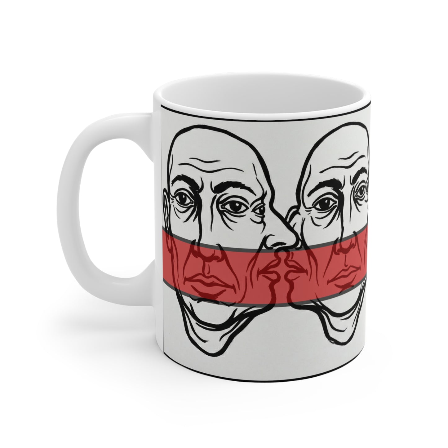 HotGossip - New Design 1 - 11oz Ceramic Mug Ambi Handle — Double Face Line Art with Red Stripe | Surreal Minimalist Coffee Cup