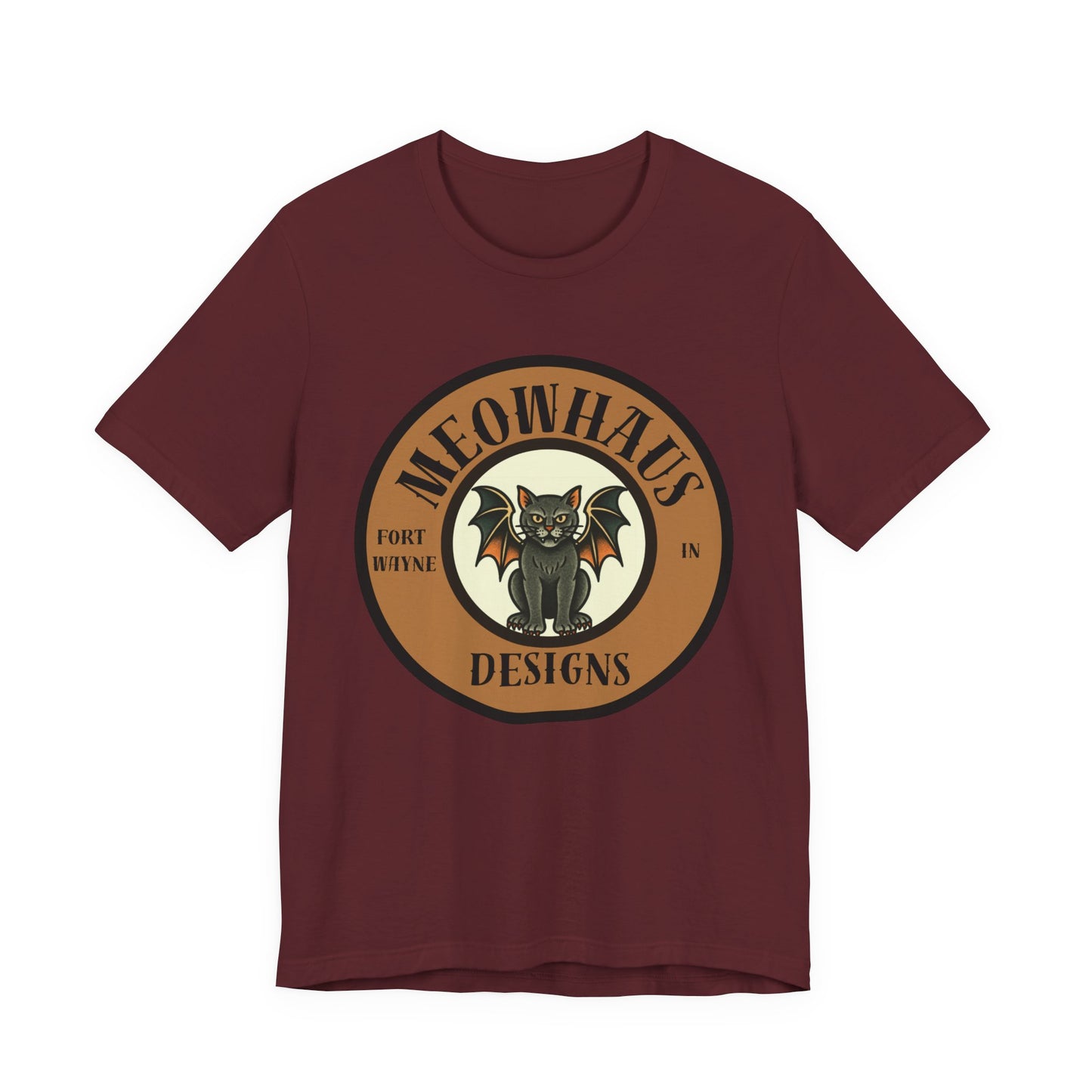 Meowhaus Designs Cat Circle Logo T-Shirt - Vintage Tattoo Cat-Bat Design