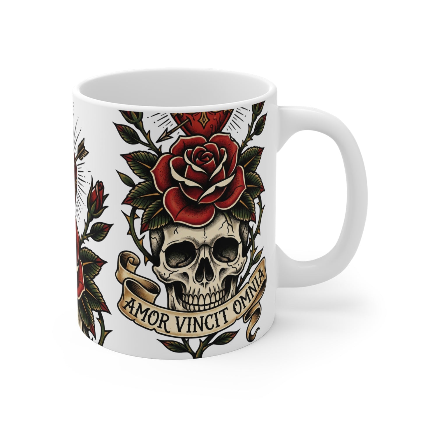 AVO - V1 #1 - 11oz Mug Ambi Handle — Sacred Heart & Skull Tattoo Art with 'Amor Vincit Omnia' Banner