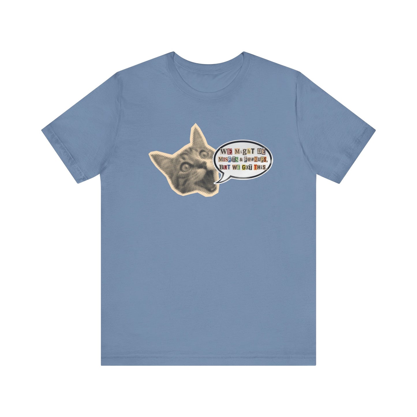 Cat Meme T‑Shirt — Vintage Cat Head Saying "We Might Be Misfits And F@#kups, But We Got This!""