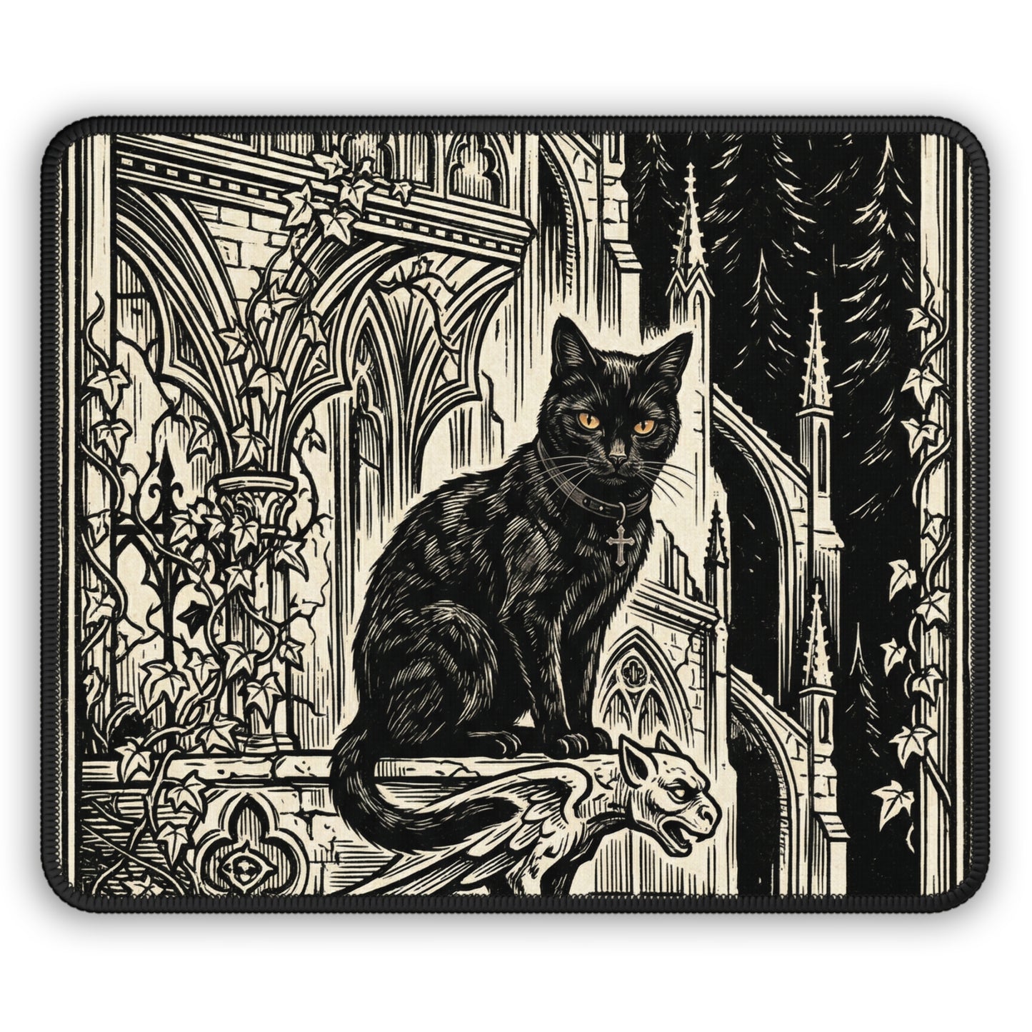 DarkArts- Cat 2 - Gothic Black Cat Mousepad - Cathedral Gargoyle Dark Imagery