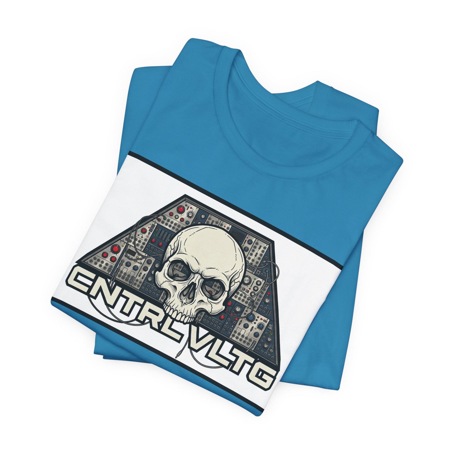CV Control Voltage = TriBase White - Modular Synth Skull Analog Circuit Tee — “CNTRL VLTG” Retro Tech Graphic T-Shirt