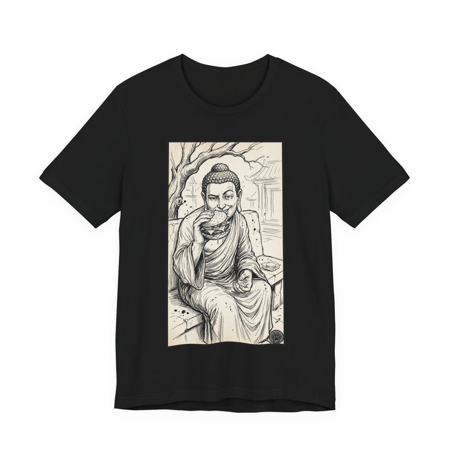 Bad Buddha Cheeseburger Sketch Tee — Humor Illustration T-Shirt