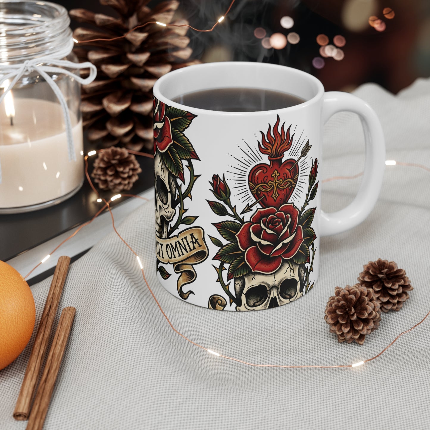 AVO - V1 #2 - 11oz Mug Ambi Handle — Skull & Rose 'Amor Vincit Omnia' Tattoo-Style Coffee Cup