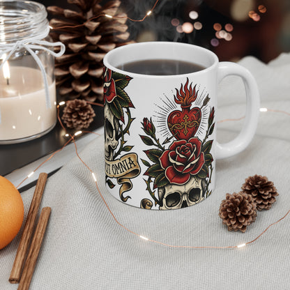AVO - V1 #2 - 11oz Mug Ambi Handle — Skull & Rose 'Amor Vincit Omnia' Tattoo-Style Coffee Cup