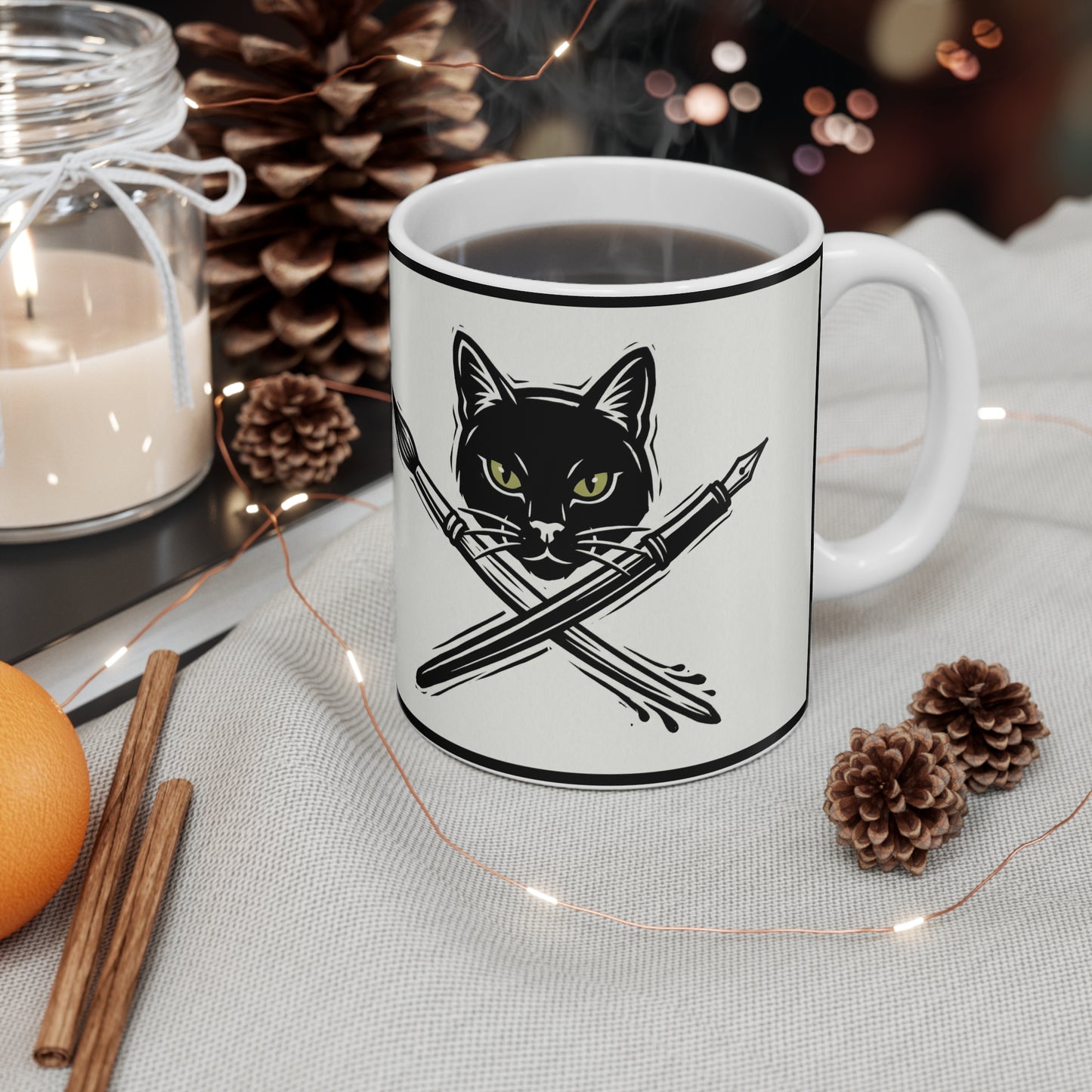 CreativeCat - 11oz Mug Right Handle - Cat Artist Coffee Mug – Black Cat with Paintbrush and Pen 11oz
