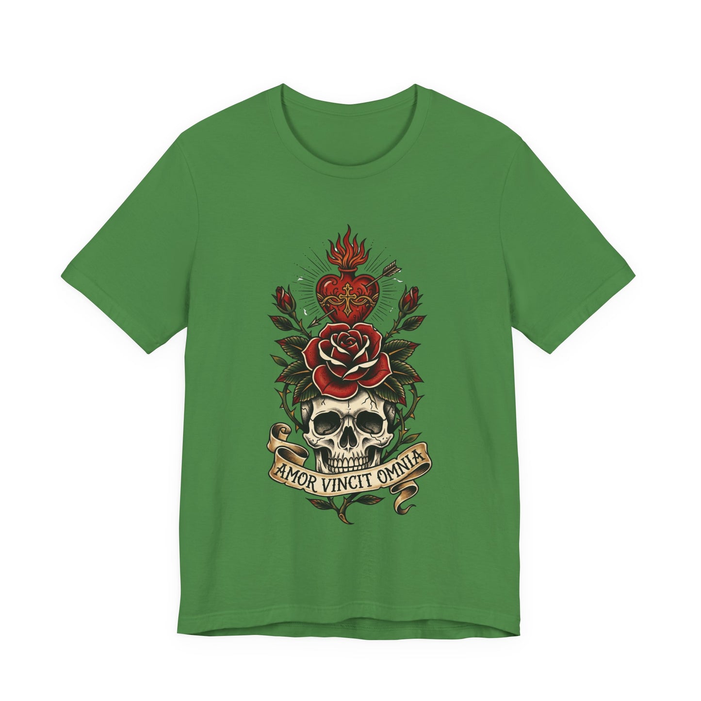 AVO - Tattoo T-Shirt — 'Amor Vincit Omnia' Skull & Rose Sacred Heart Tee